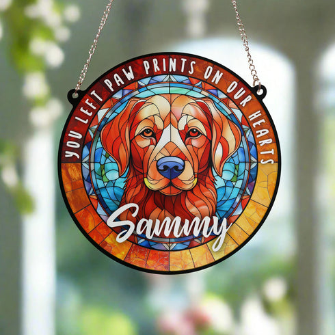 Labrador Fox Red Paw Print Heart Stained Glass Effect Suncatcher